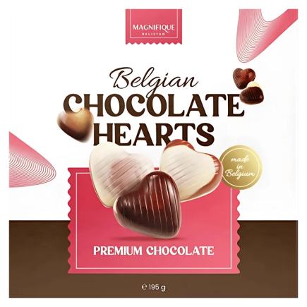 Magnifique Delistro Belgian Chocolate Hearts 195g - Boite de 6