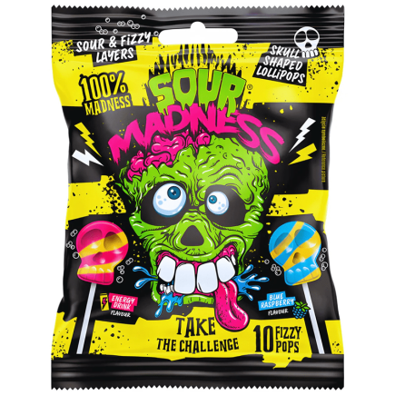 Sour Madness Multibag Skulled Fruit Lollipops 90g - Boite de 12